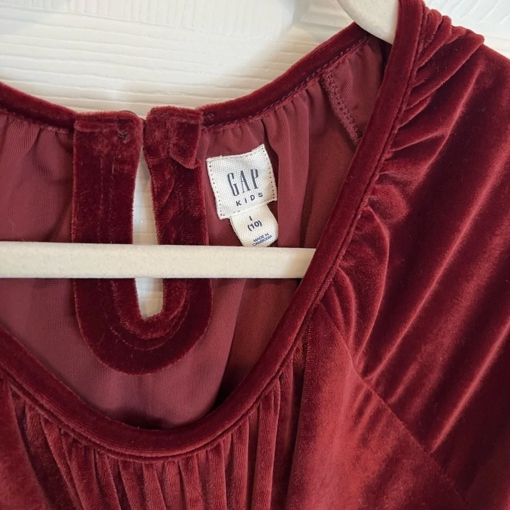 GAP Kids Burgundy Velvet Tiered Dress Elastic Waist Short Sleeve Girls Large